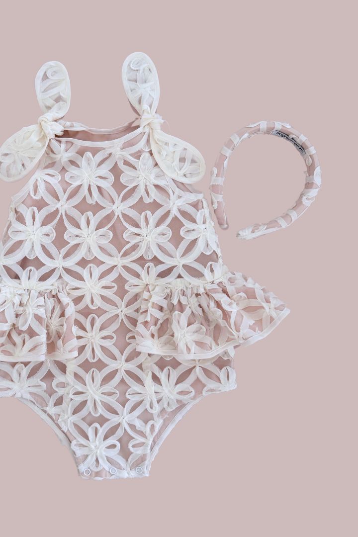 Pudding and Pie Playsuit - Ivory Rose Floral Ribbons