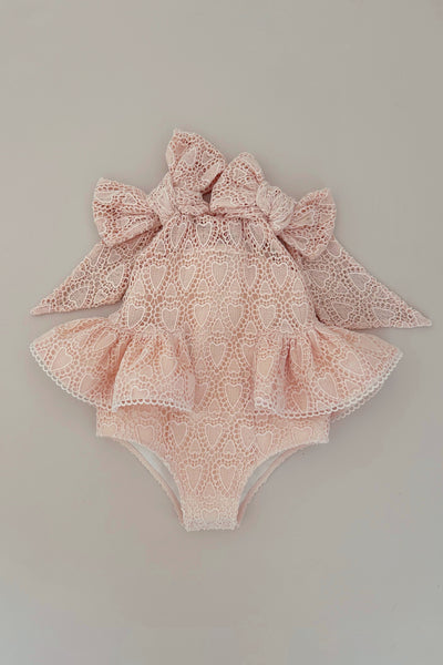 Paper Doll Playsuit - Ballet Pink Hearts Lace